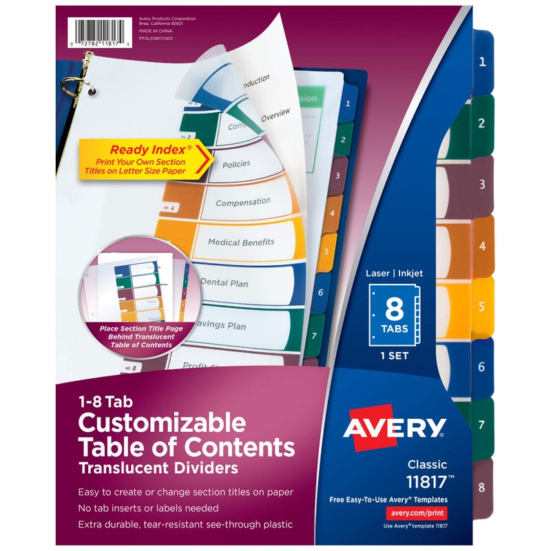 Avery Plastic 8 Tab Binder Dividers, Customizable Table of Contents, Multicolor Tabs, 1 Set (11817) - Image 1
